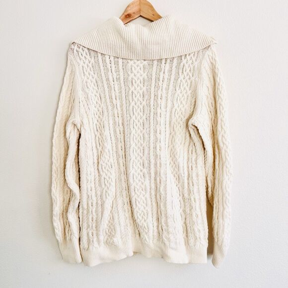Talbots Cable Knit Fisherman Cardigan Sweater Size L Cream READ - Picture 2 of 14